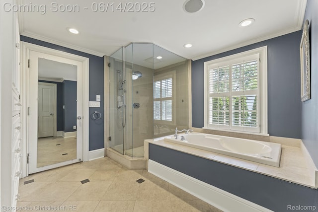 457 N Cranbrook Rd, Bloomfield Hills, MI 48301 - full bathroom with ornamental molding, a stall shower, a garden tub, tile patterned floors, and recessed lighting