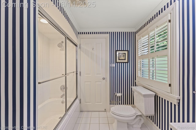 457 N Cranbrook Rd, Bloomfield Hills, MI 48301 - bathroom with tile patterned floors, bath / shower combo with glass door, wallpapered walls, and ornamental molding