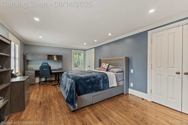 457 N Cranbrook Rd, Bloomfield Hills, MI 48301 - bedroom with ornamental molding, an office area, light wood-style floors, and recessed lighting