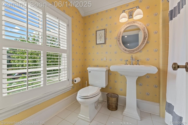 457 N Cranbrook Rd, Bloomfield Hills, MI 48301 - bathroom with ornamental molding, wallpapered walls, healthy amount of natural light, tile patterned flooring, and curtained shower