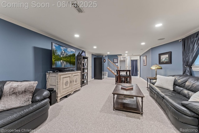 457 N Cranbrook Rd, Bloomfield Hills, MI 48301 - carpeted living room featuring recessed lighting, crown molding, and stairway