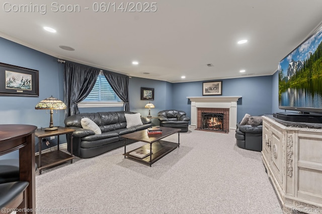 457 N Cranbrook Rd, Bloomfield Hills, MI 48301 - carpeted living area with crown molding, a fireplace, and recessed lighting