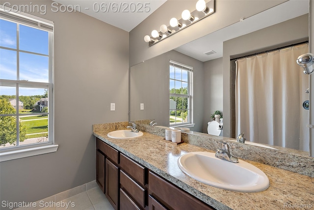 871 Wynstone Cir S, Oakland, MI 48363 - full bathroom with tile patterned flooring, double vanity, baseboards, toilet, and a shower with curtain