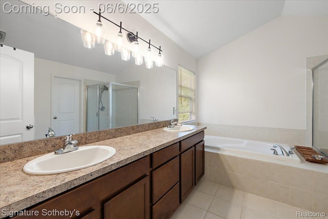 871 Wynstone Cir S, Oakland, MI 48363 - bathroom with a shower stall, double vanity, a garden tub, tile patterned flooring, and vaulted ceiling