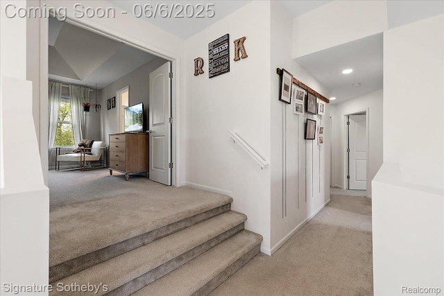 871 Wynstone Cir S, Oakland, MI 48363 - hallway featuring light colored carpet, baseboards, recessed lighting, and stairway