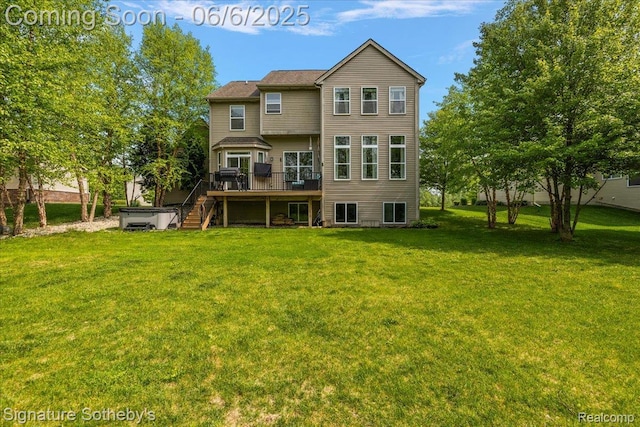 871 Wynstone Cir S, Oakland, MI 48363 - rear view of property with a hot tub, a wooden deck, a lawn, and stairs