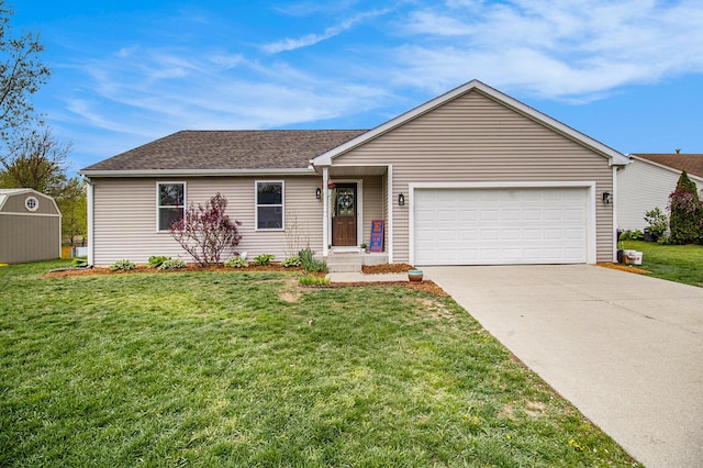 69698 Fox Xing, Edwardsburg, MI 49112 - ranch-style house with driveway, an attached garage, a front yard, and a shingled roof