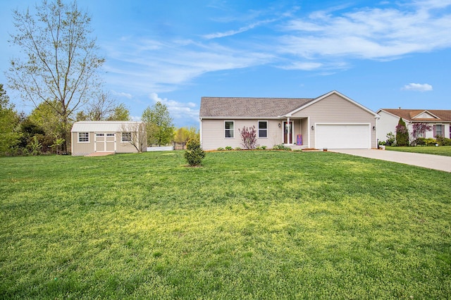 69698 Fox Xing, Edwardsburg, MI 49112 - ranch-style home featuring concrete driveway, an attached garage, a front yard, and an outdoor structure