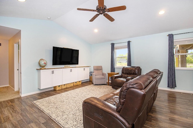 69698 Fox Xing, Edwardsburg, MI 49112 - living area featuring dark wood-style floors, lofted ceiling, ceiling fan, recessed lighting, and baseboards