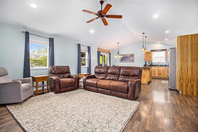 69698 Fox Xing, Edwardsburg, MI 49112 - living area with vaulted ceiling, ceiling fan, dark wood-style flooring, and recessed lighting