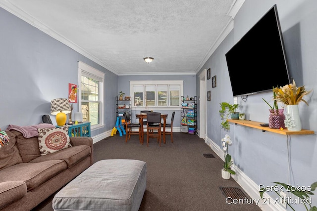 1237 Wealthy St SE, Grand Rapids, MI 49506 - carpeted living room with a textured ceiling, crown molding, and baseboards