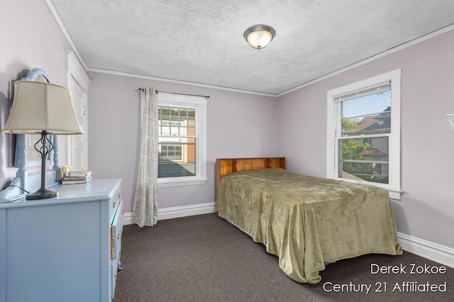 1237 Wealthy St SE, Grand Rapids, MI 49506 - bedroom featuring a textured ceiling, ornamental molding, baseboards, and dark carpet