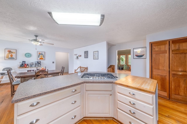 4300 Holton-Duck Lake Rd, Twin Lake, MI 49457 - kitchen with stainless steel gas cooktop, a textured ceiling, a ceiling fan, light wood-style flooring, and light countertops