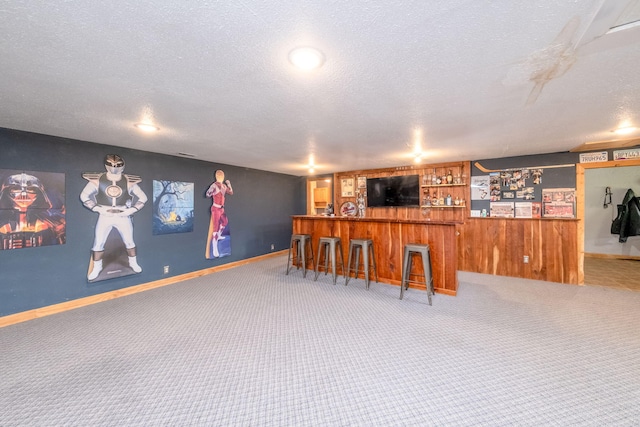 4300 Holton-Duck Lake Rd, Twin Lake, MI 49457 - indoor dry bar with carpet flooring, a textured ceiling, wood walls, and baseboards