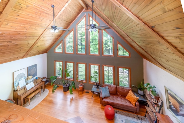 4300 Holton-Duck Lake Rd, Twin Lake, MI 49457 - living room with wooden ceiling with exposed beams, a ceiling fan, wood finished floors, and high vaulted ceiling