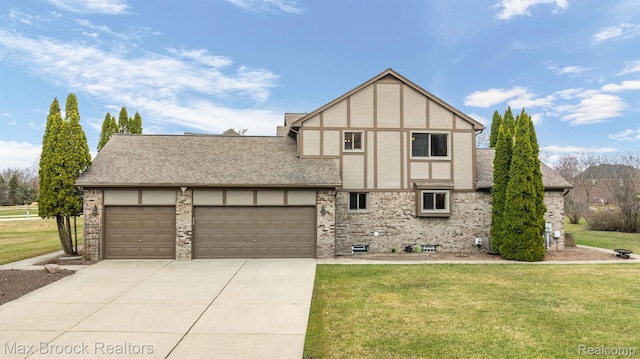 4070 Greenbriar Ct, Rochester, MI 48306 - tudor-style house featuring driveway, a front yard, stucco siding, and a garage