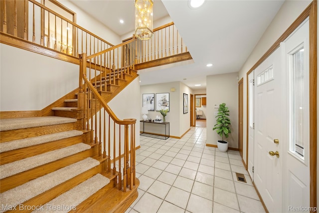4070 Greenbriar Ct, Rochester, MI 48306 - foyer featuring light tile patterned floors, recessed lighting, stairway, a chandelier, and baseboards