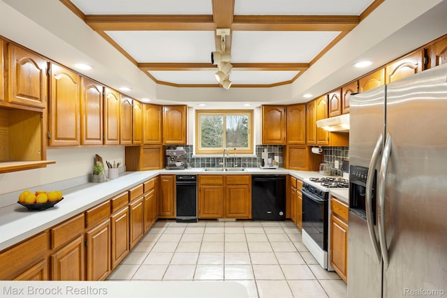 4070 Greenbriar Ct, Rochester, MI 48306 - kitchen with stainless steel refrigerator with ice dispenser, dishwasher, gas stove, under cabinet range hood, and a sink