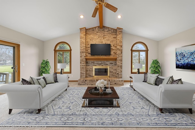 4070 Greenbriar Ct, Rochester, MI 48306 - carpeted living room featuring a ceiling fan, a brick fireplace, and baseboards