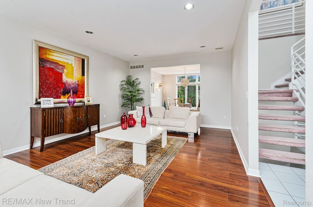 2337 Horseshoe Dr, West Bloomfield, MI 48322 - living room featuring wood finished floors, stairs, recessed lighting, and baseboards