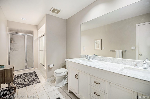 2337 Horseshoe Dr, West Bloomfield, MI 48322 - full bathroom with an enclosed shower, double vanity, toilet, tile patterned floors, and baseboards