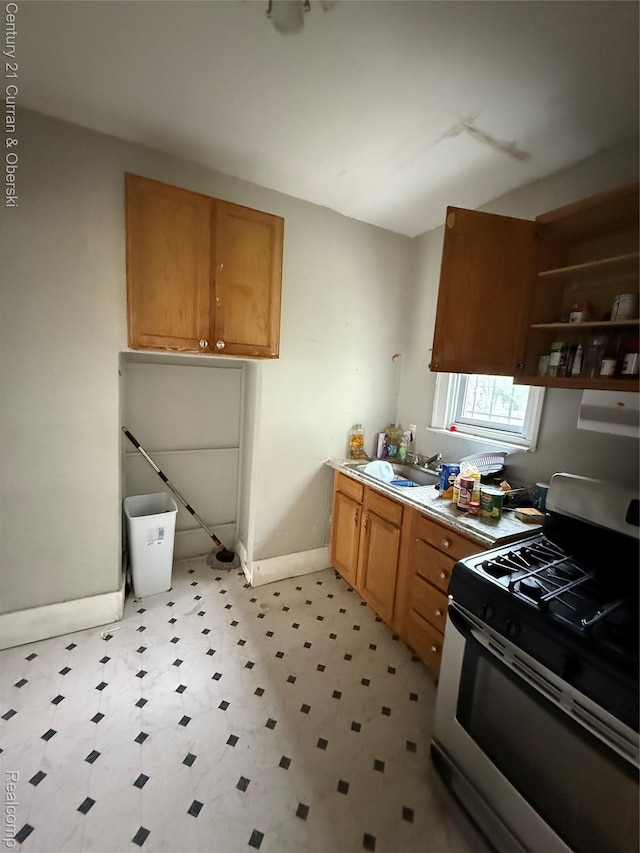 11647 Cascade St, Detroit, MI 48204 - kitchen with stainless steel range with gas cooktop, light flooring, baseboards, a sink, and open shelves