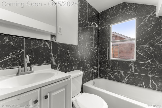 16509 Woodingham Dr, Detroit, MI 48221 - full bathroom featuring toilet, vanity, tile walls, decorative backsplash, and  shower combination