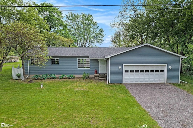 10207 Frances Rd, Flushing, MI 48433 - ranch-style home with asphalt driveway, a garage, a front yard, and roof with shingles