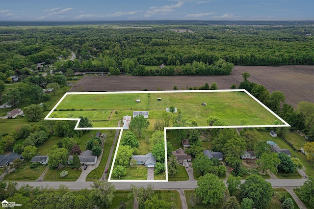 10207 Frances Rd, Flushing, MI 48433 - aerial view of property and surrounding area with property parcel outlined and a forest