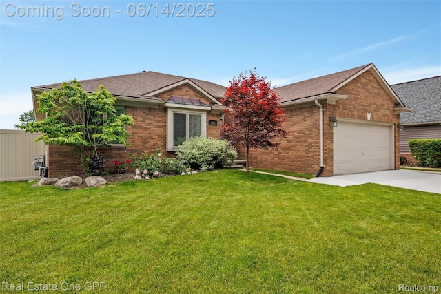 52657 Creekside Dr, Chesterfield, MI 48047 - view of front facade with brick siding, an attached garage, a front lawn, and concrete driveway