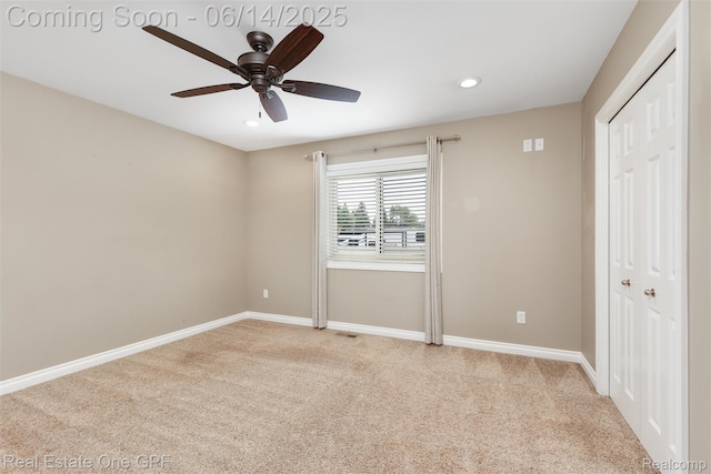 52657 Creekside Dr, Chesterfield, MI 48047 - unfurnished bedroom with light colored carpet, recessed lighting, a closet, and a ceiling fan