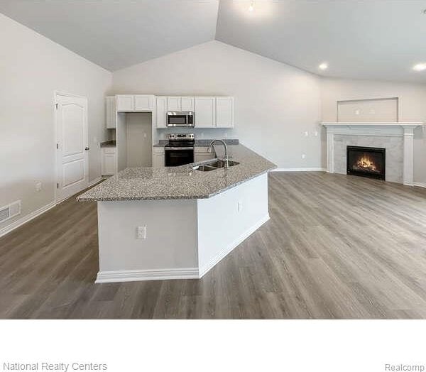 251 Devonshire Dr Unit 1, Lapeer, MI 48446 - kitchen with appliances with stainless steel finishes, white cabinets, light stone counters, wood finished floors, and a warm lit fireplace