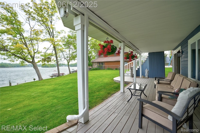7457 Haviland Beach Dr, Argentine, MI 48451 - wooden terrace featuring a water view and a yard