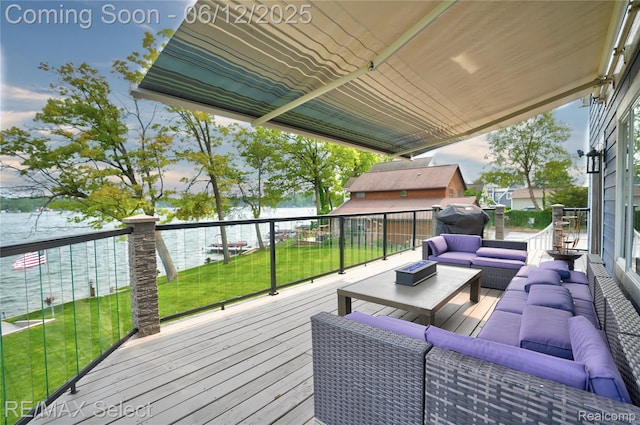 7457 Haviland Beach Dr, Argentine, MI 48451 - wooden terrace featuring a water view, an outdoor living space, a yard, and area for grilling