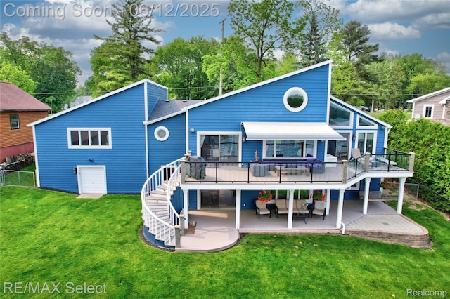 7457 Haviland Beach Dr, Argentine, MI 48451 - back of property featuring a patio, a wooden deck, outdoor lounge area, stairway, and view of wooded area