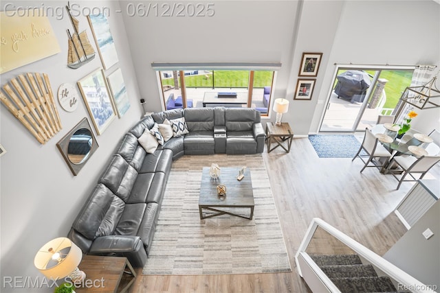 7457 Haviland Beach Dr, Argentine, MI 48451 - living room featuring a towering ceiling, wood finished floors, and baseboards