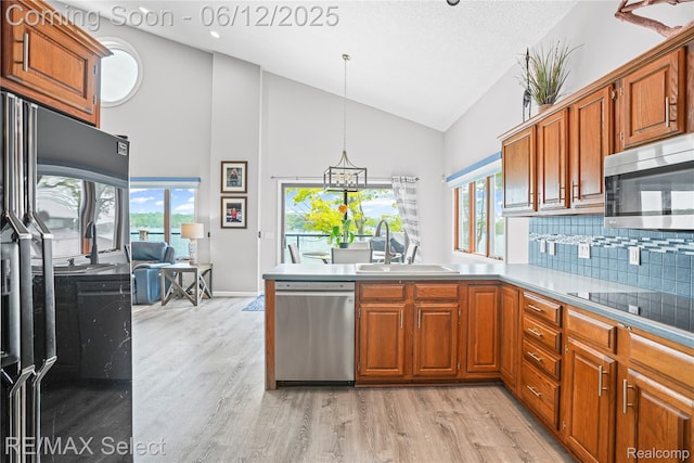 7457 Haviland Beach Dr, Argentine, MI 48451 - kitchen with black appliances, a sink, high vaulted ceiling, light wood-type flooring, and a peninsula