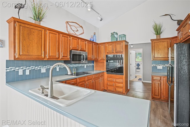 7457 Haviland Beach Dr, Argentine, MI 48451 - kitchen with black appliances, a sink, tasteful backsplash, dark wood-style floors, and light countertops
