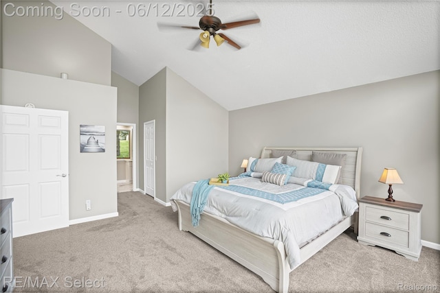 7457 Haviland Beach Dr, Argentine, MI 48451 - bedroom with carpet floors, baseboards, a ceiling fan, and high vaulted ceiling