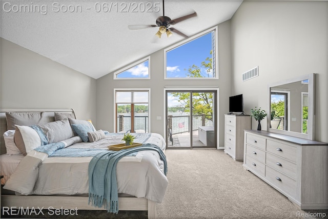 7457 Haviland Beach Dr, Argentine, MI 48451 - bedroom with access to exterior, high vaulted ceiling, light carpet, ceiling fan, and a textured ceiling