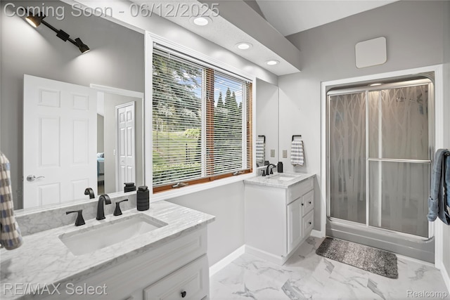 7457 Haviland Beach Dr, Argentine, MI 48451 - bathroom with vanity, baseboards, marble finish floors, a shower with door, and recessed lighting