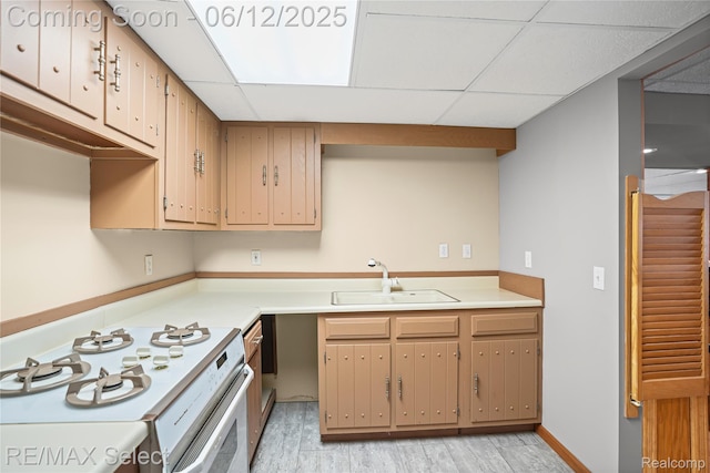 7457 Haviland Beach Dr, Argentine, MI 48451 - kitchen with white gas range oven, a sink, light wood-style flooring, light countertops, and a paneled ceiling