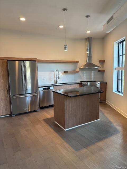 804 N Main St Unit 2A, Rochester, MI 48307 - kitchen featuring stainless steel appliances, open shelves, a sink, wall chimney range hood, and dark countertops
