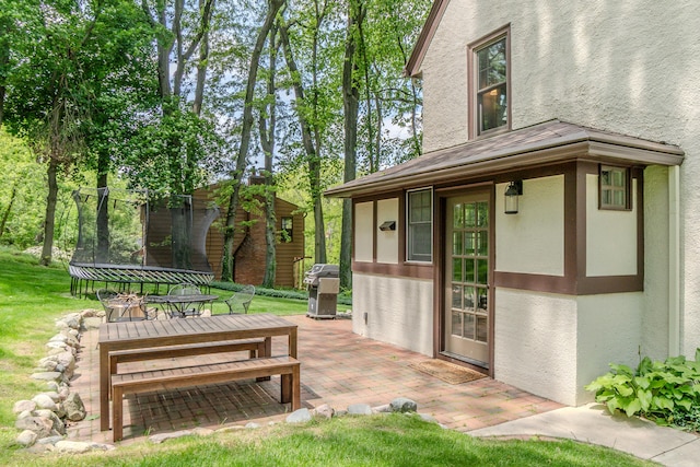 2430 Geddes Ave, Ann Arbor, MI 48104 - view of green lawn featuring a trampoline, a patio, and an outdoor structure