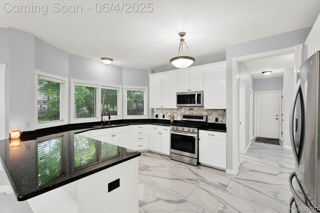 50565 Otter Creek Dr, Shelby Twp, MI 48317 - kitchen with stainless steel appliances, a sink, a peninsula, and white cabinets