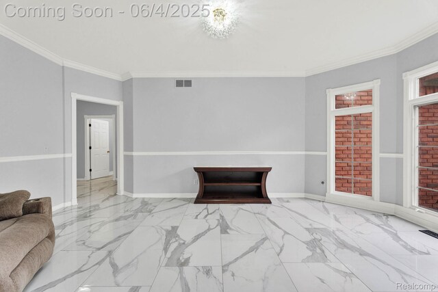 50565 Otter Creek Dr, Shelby Twp, MI 48317 - unfurnished living room featuring baseboards, ornamental molding, and marble finish flooring