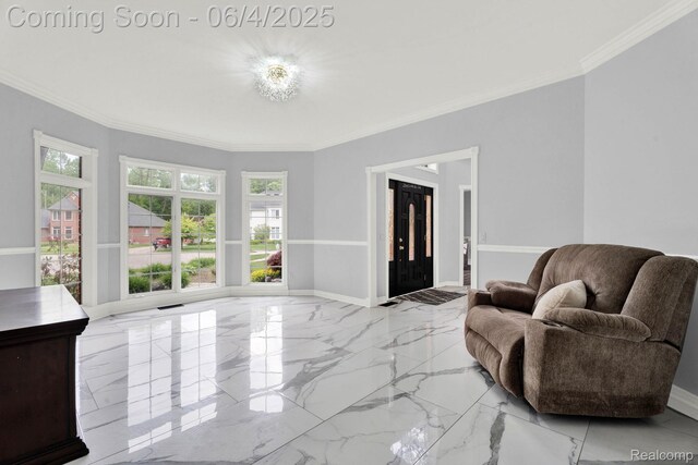 50565 Otter Creek Dr, Shelby Twp, MI 48317 - living area with ornamental molding, baseboards, and light marble finish floors