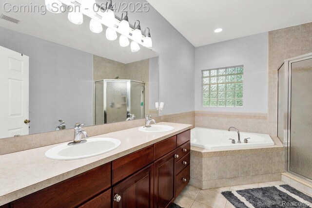50565 Otter Creek Dr, Shelby Twp, MI 48317 - full bathroom with tile patterned floors, a shower stall, double vanity, and a garden tub