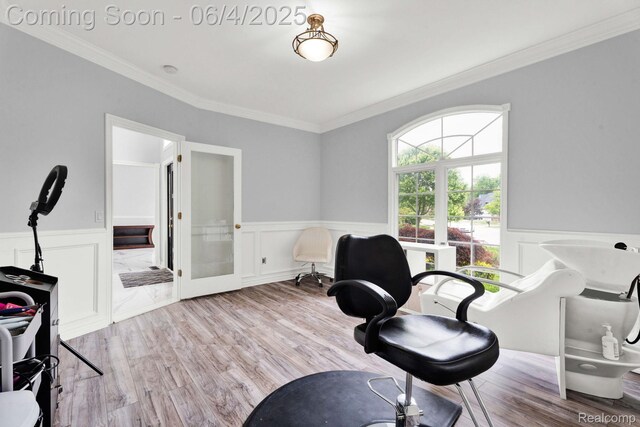 50565 Otter Creek Dr, Shelby Twp, MI 48317 - office with french doors, a wainscoted wall, crown molding, wood finished floors, and a decorative wall
