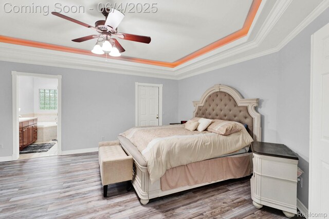 50565 Otter Creek Dr, Shelby Twp, MI 48317 - bedroom with a raised ceiling, crown molding, wood finished floors, baseboards, and ceiling fan